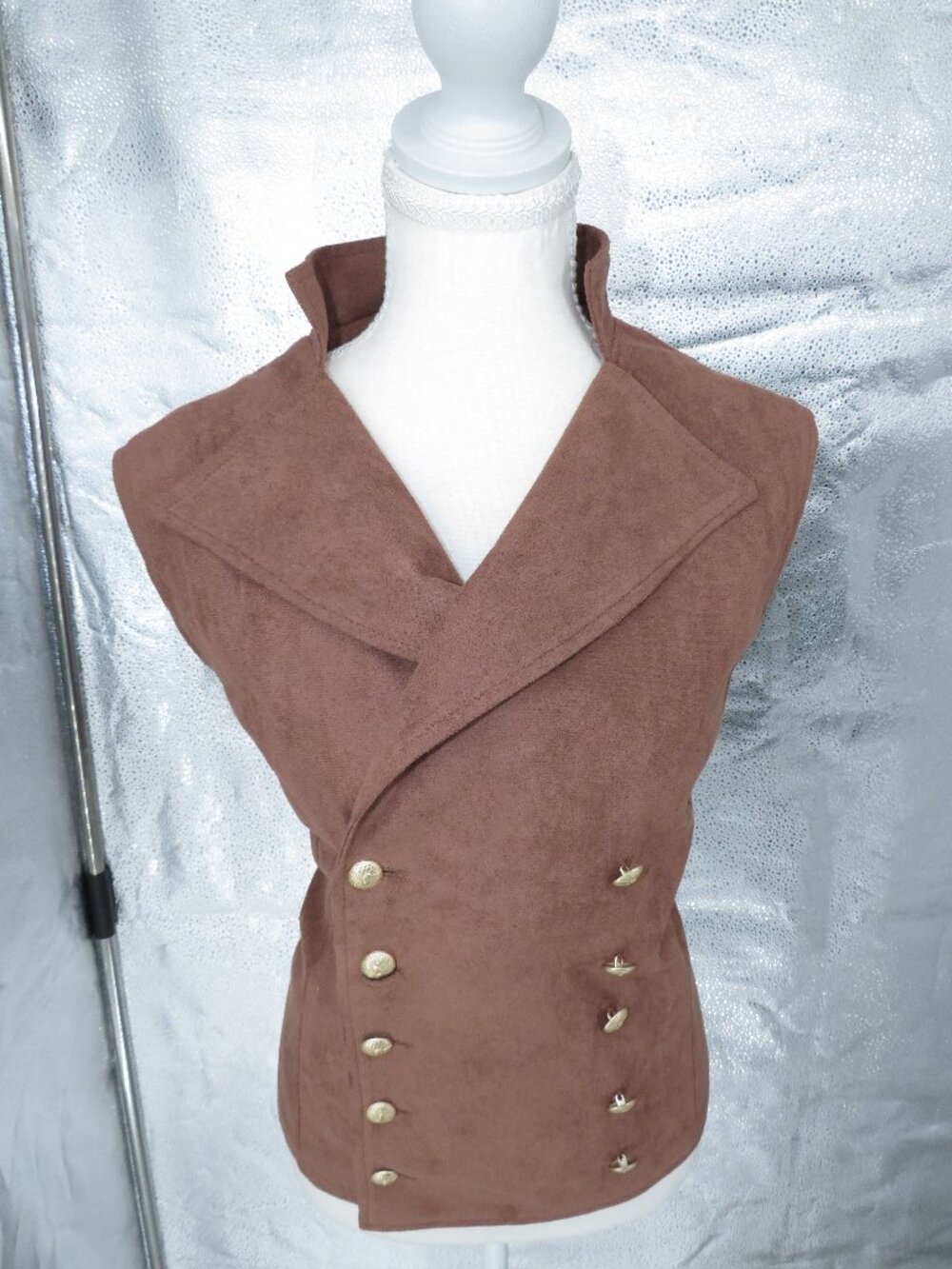 Brown Suede Vest Double Breasted Gold Button Belted Top Size XL Steampunk Boho